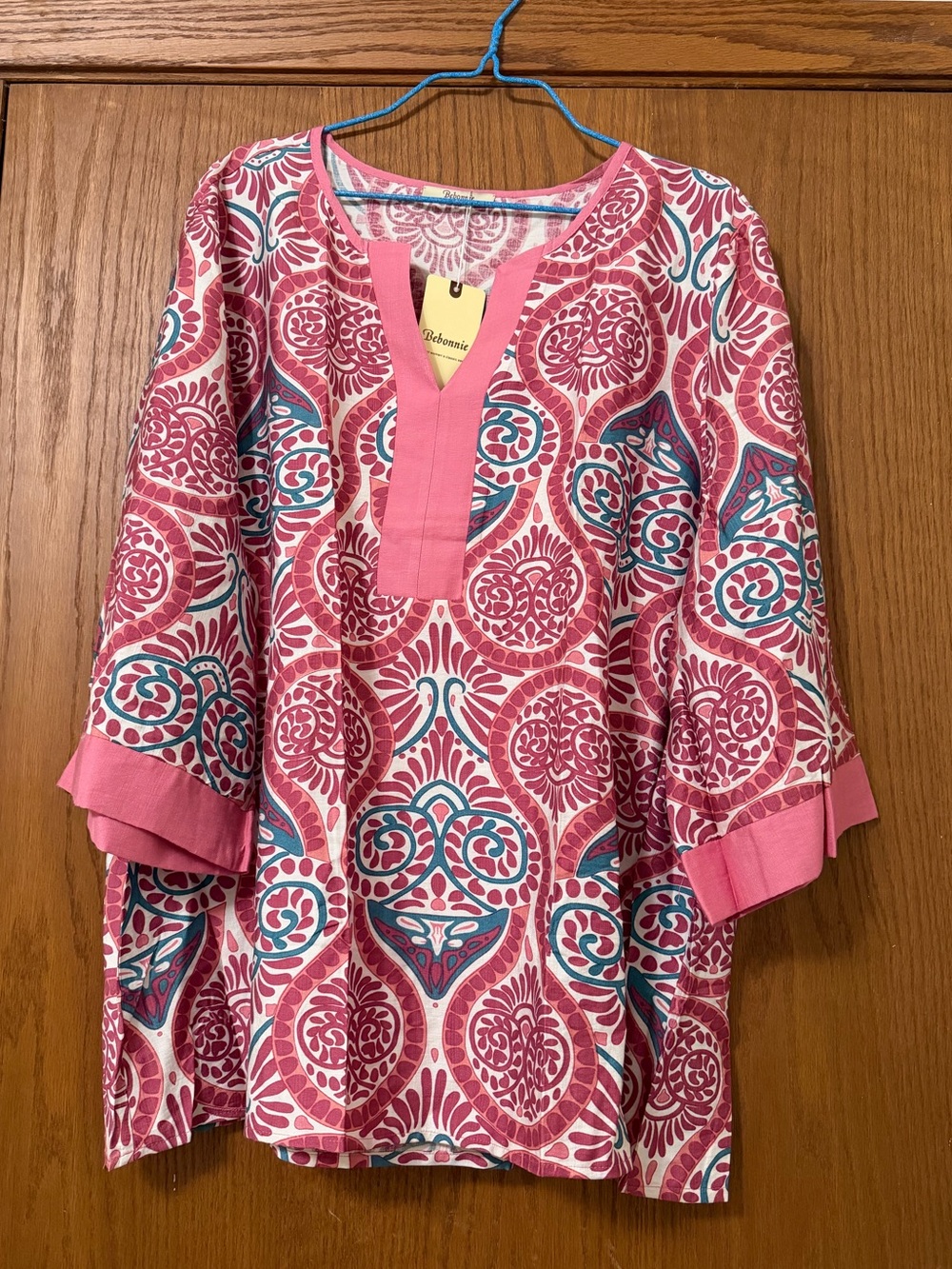 Women's Pink Printed Split-Neck Tunic with Blue Accents